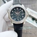 Copy Omega Seamaster Blue Dial Diamonds Bezel Leather Strap 42mm Watch